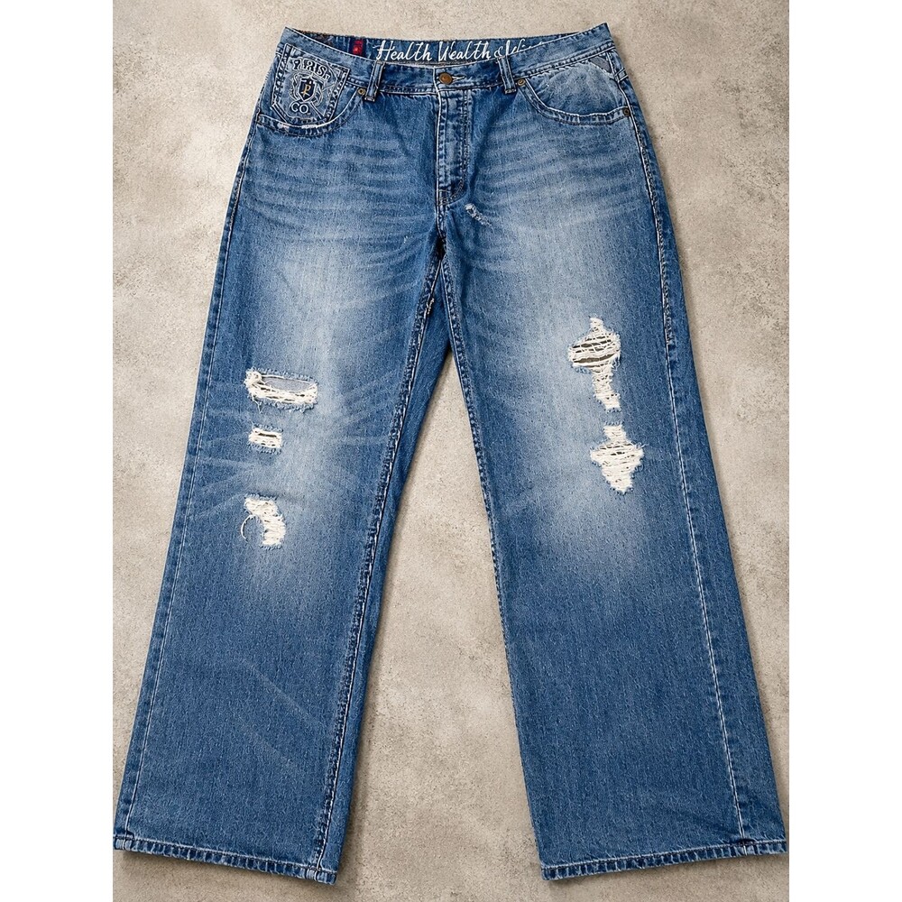 Y2K Baggy Jeans Mens 40 Parish Distressed Wide Leg Embroidered Hip Hop Denim
